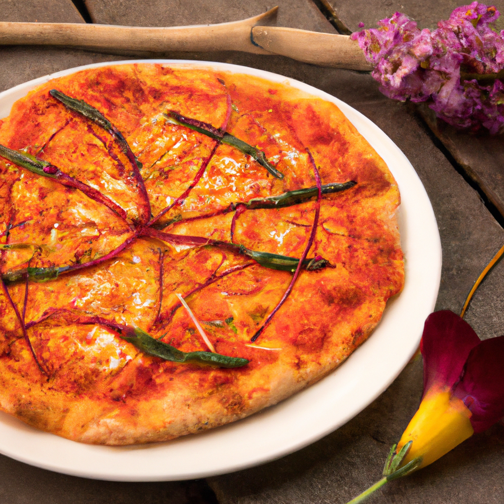 Close-up margherita pizza with saffron petals on a rustic wooden table, rich colors and texture