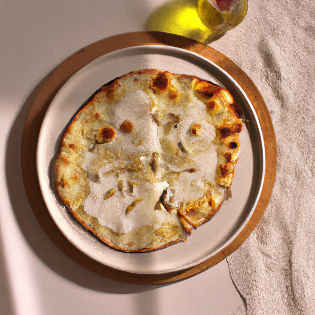 Minimalist white pizza topped with saffron threads on a stone plate