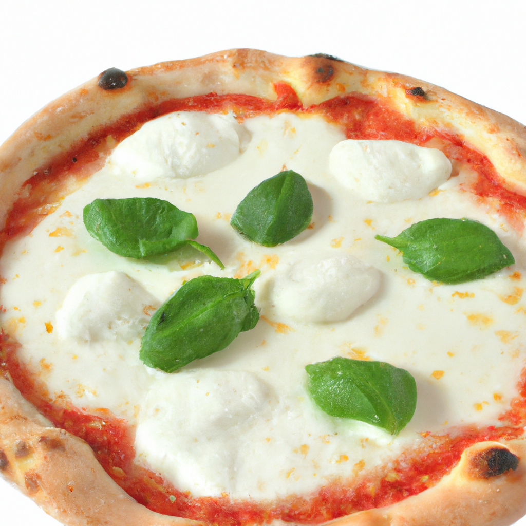 Close-up Margherita pizza with fresh basil and buffalo mozzarella on white background