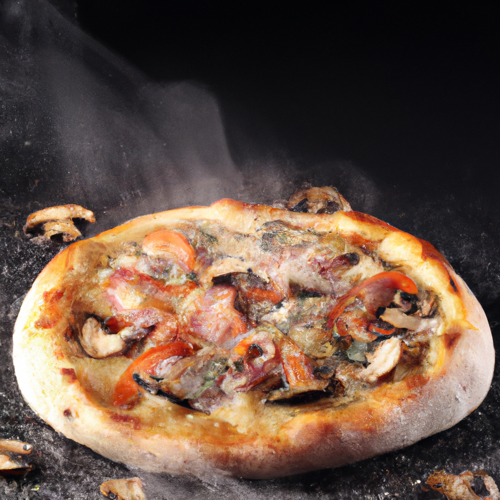 Freshly baked saffron-truffle pizza on a dark slate background