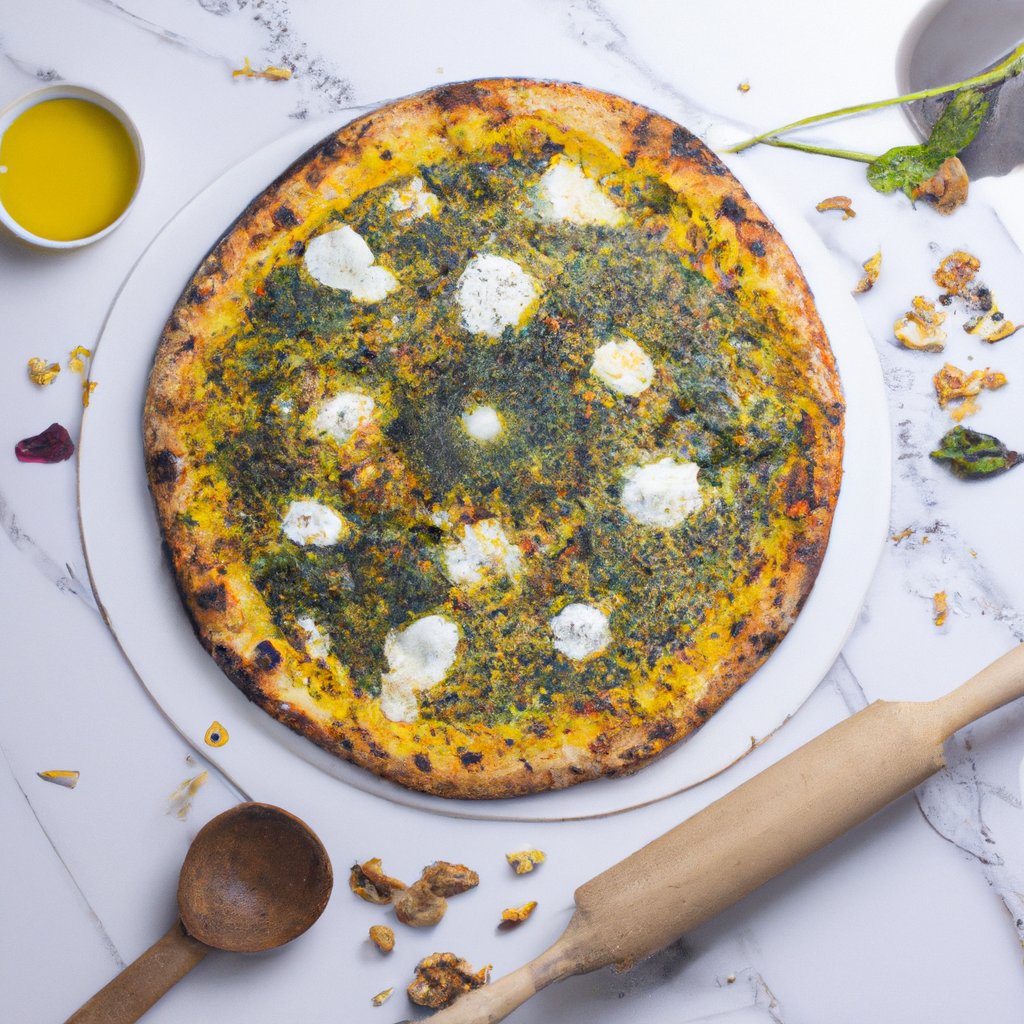 Saffron-infused gourmet pizza with pistachio and honey in a minimalist white scene
