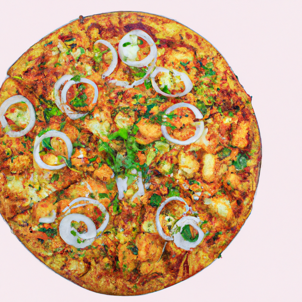 Spicy Tandoori Paneer pizza with cilantro and onions on a white clean backdrop