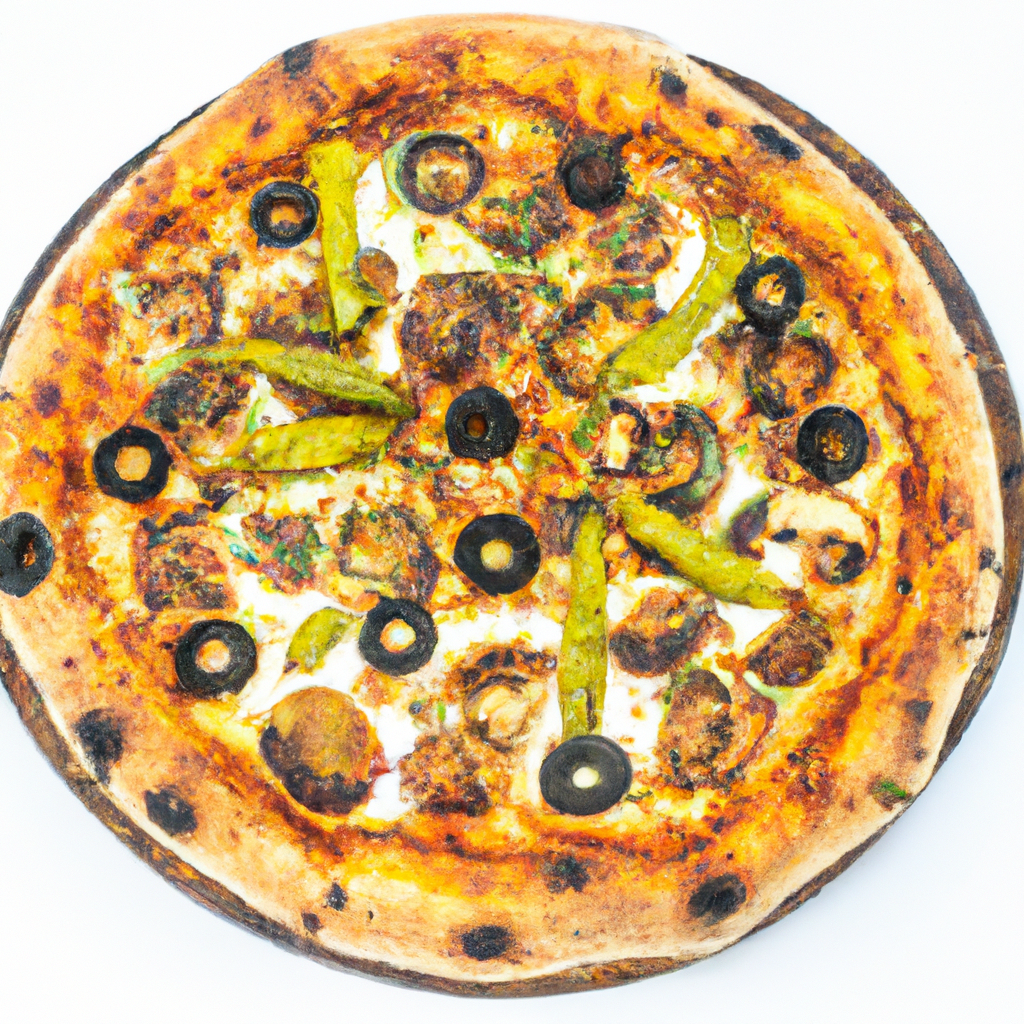 Stone-fired gourmet pizza with saffron threads on a minimalist white backdrop